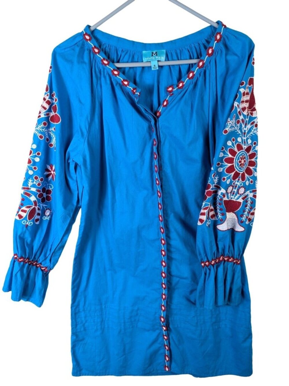 South Main Women size S Turquoise Embroidered Tunic Dress Southwestern Aztec Red